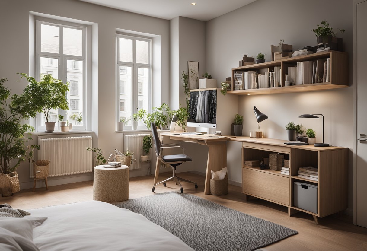 A cozy, compact bedroom with space-saving furniture, a neutral color palette, and clever storage solutions. A large window lets in natural light, and a small desk provides a functional workspace
