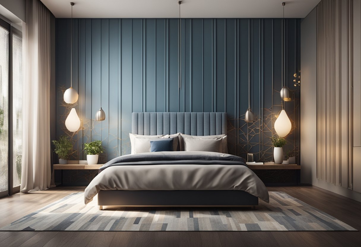 A bedroom with 3D wallpaper featuring intricate, geometric designs. Light filters through the window, casting shadows and highlighting the texture