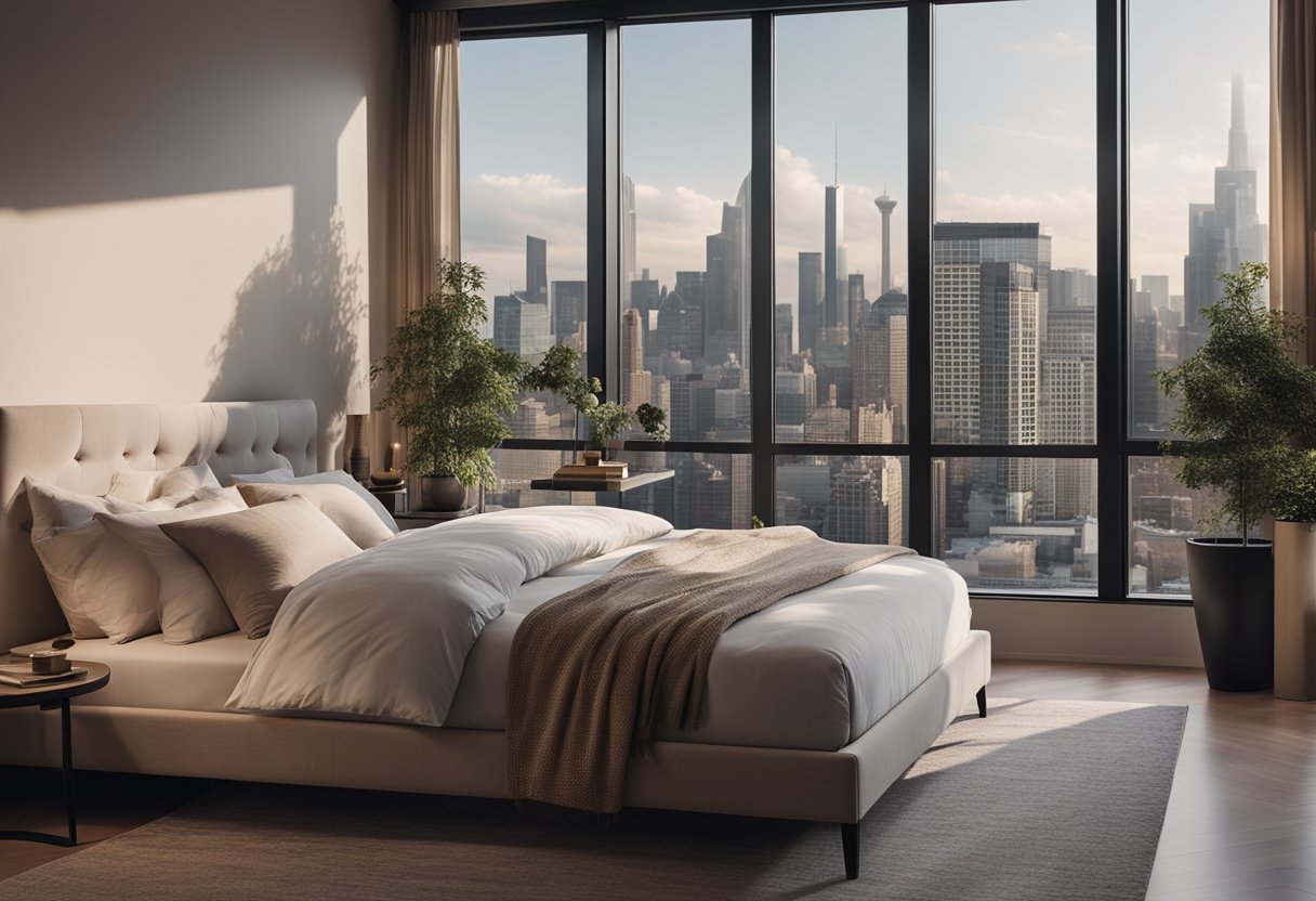 A cozy bedroom with a bay window overlooking the city skyline. Soft, neutral tones and minimalist furniture create a tranquil, modern design