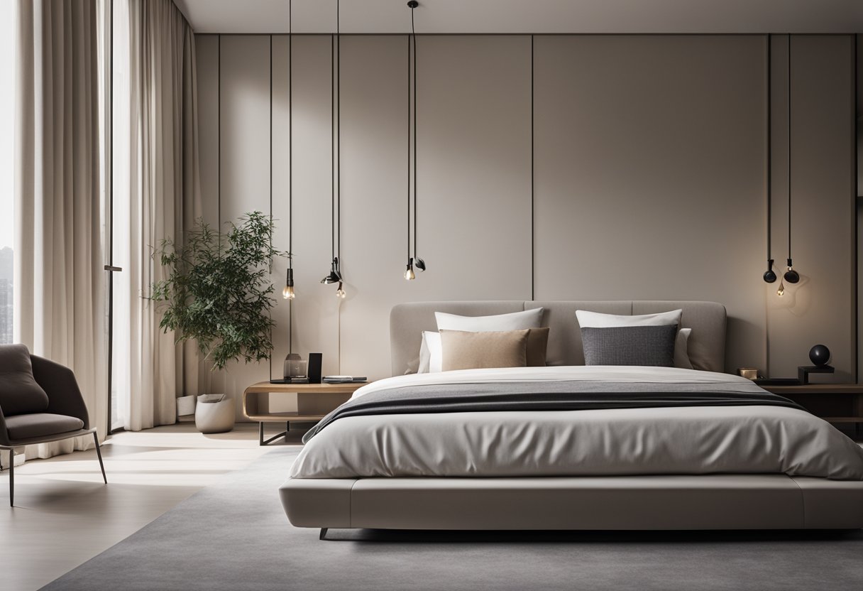 A sleek, minimalist bedroom with clean lines, neutral colors, and innovative furniture pieces, creating a contemporary and sophisticated atmosphere