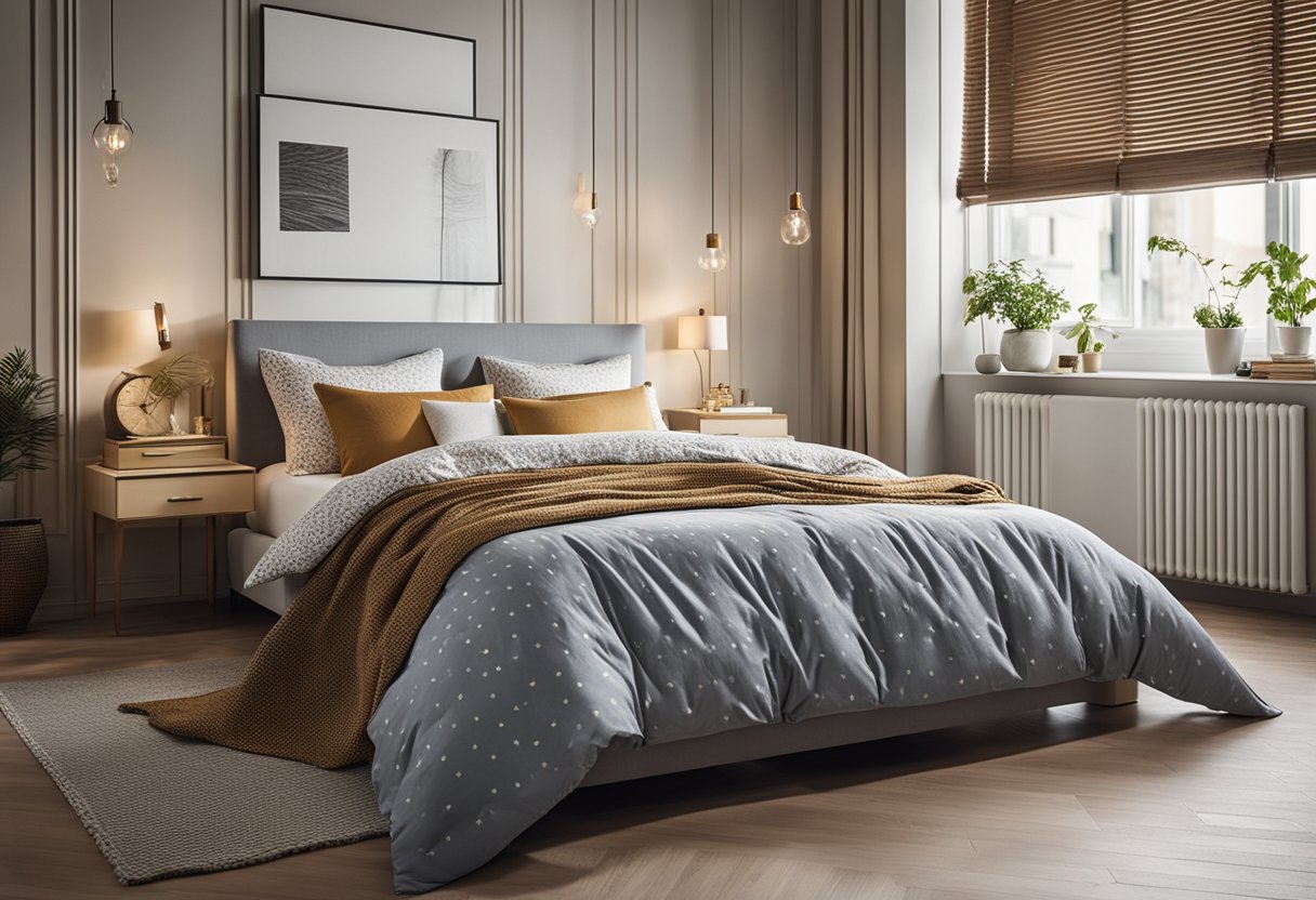 A cozy bedroom with a neatly made bed, adorned with soft, patterned sheets in a breathable material