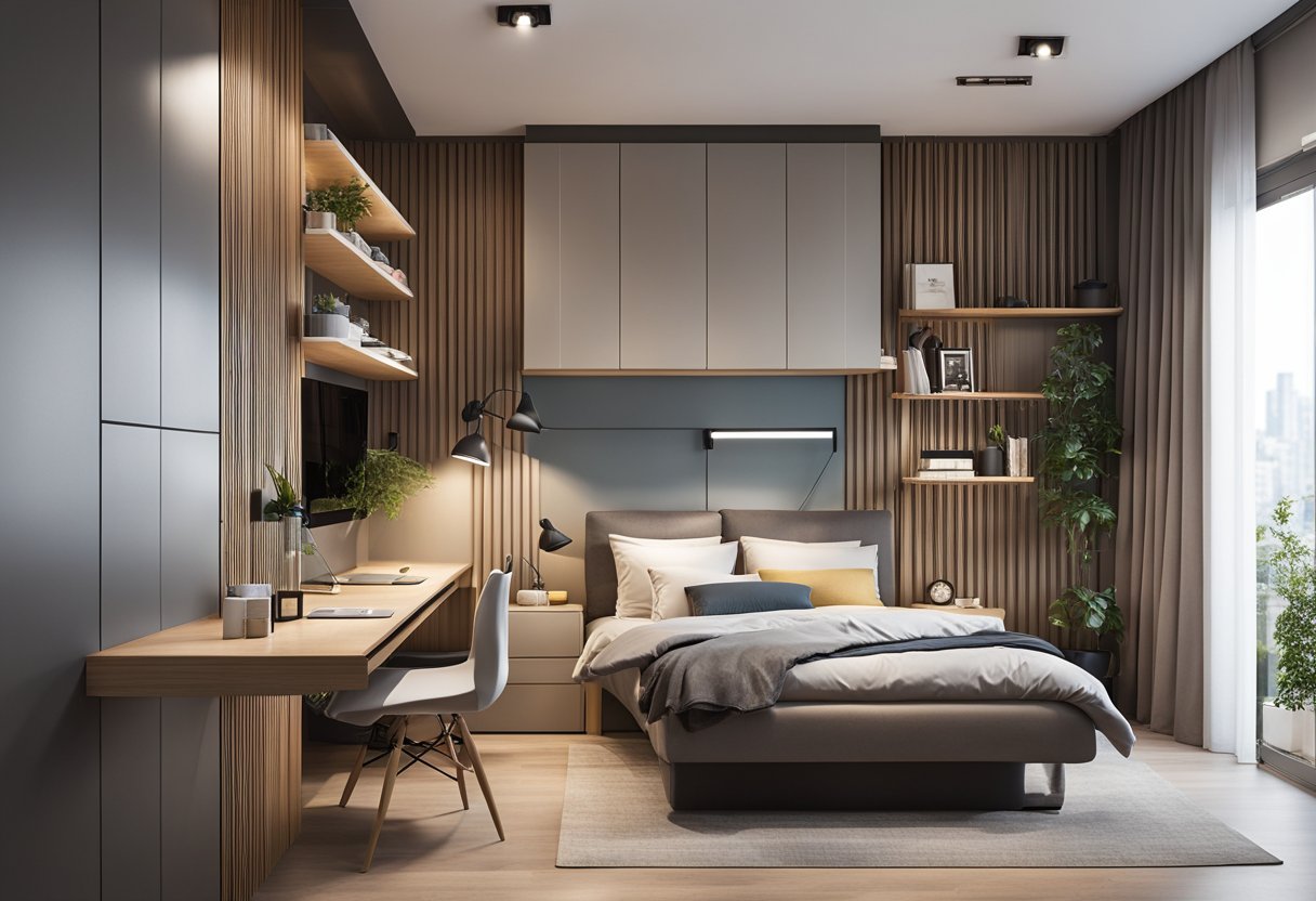 The 3-room BTO bedroom is organized with a built-in platform bed, wall-mounted shelves, and a foldable desk, creating a spacious and functional layout