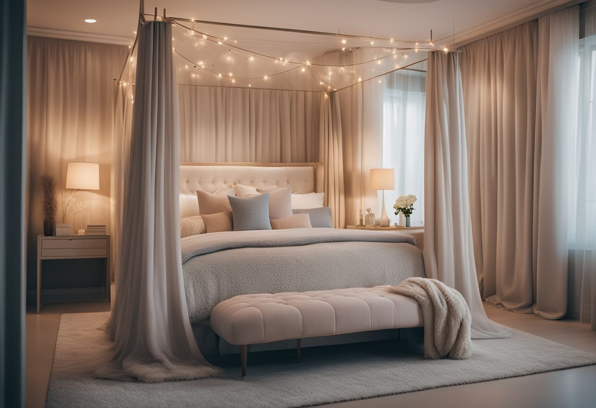 A cozy bedroom with soft, pastel colors, plush bedding, and warm lighting. A large, elegant canopy bed with sheer curtains and a fluffy rug on the floor