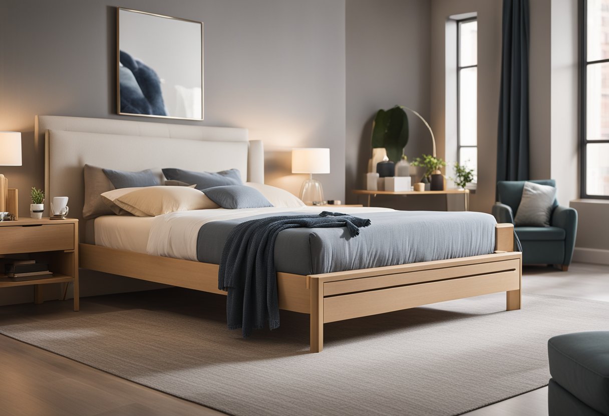 A well-lit bedroom with grab bars, low bed, non-slip flooring, and easy-to-reach storage