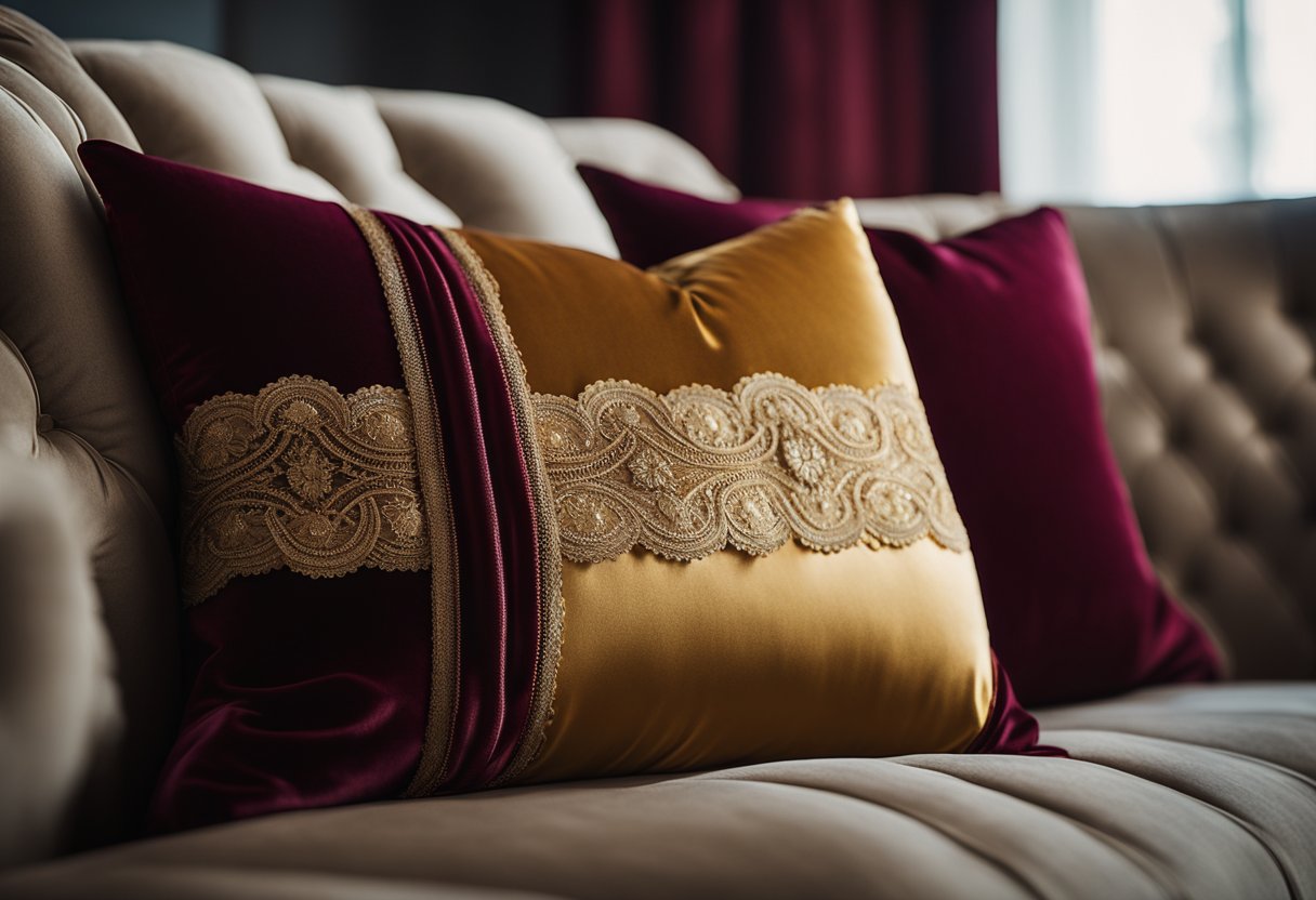 Soft, warm lighting illuminates the room, casting a gentle glow on plush, velvet pillows and luxurious silk drapes. Rich, deep hues of burgundy and gold create a cozy, intimate atmosphere, while delicate lace accents add a touch of elegance