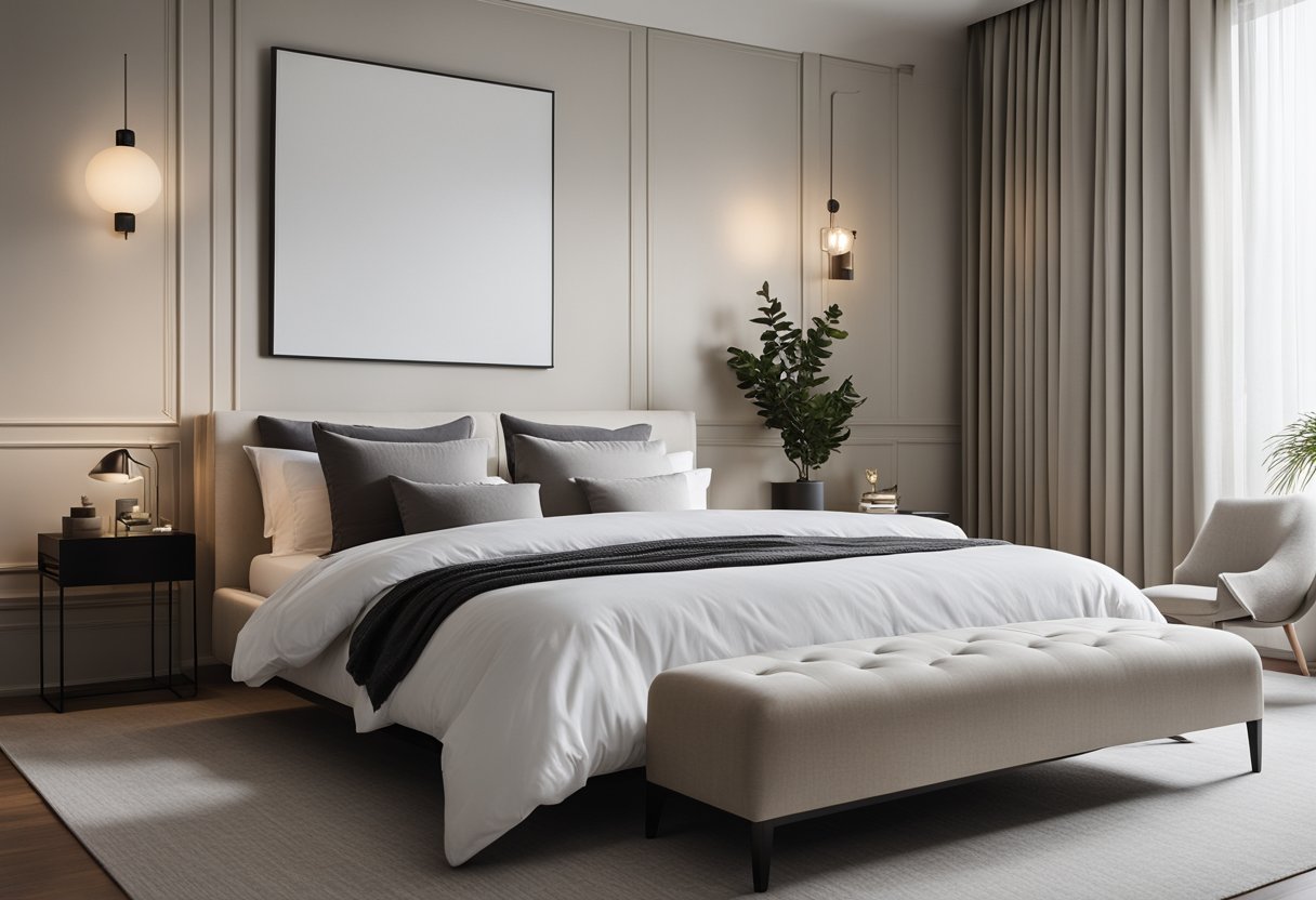 A sleek, minimalistic bedroom with clean lines, neutral colors, and functional furniture. A large, comfortable bed sits against a backdrop of simple, yet elegant, decor