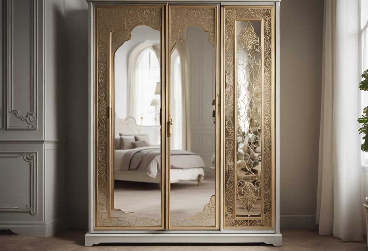 A bedroom cupboard with ornate mirror designs reflects the soft morning light, casting intricate patterns across the room