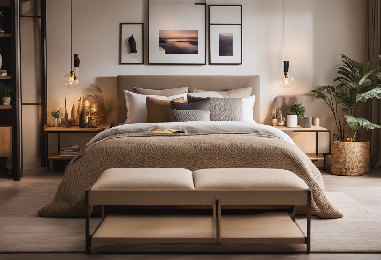 A cozy bedroom with warm, neutral tones, soft lighting, and comfortable furniture. Natural elements and artwork add visual interest, while accessible storage and safety features promote independence and well-being