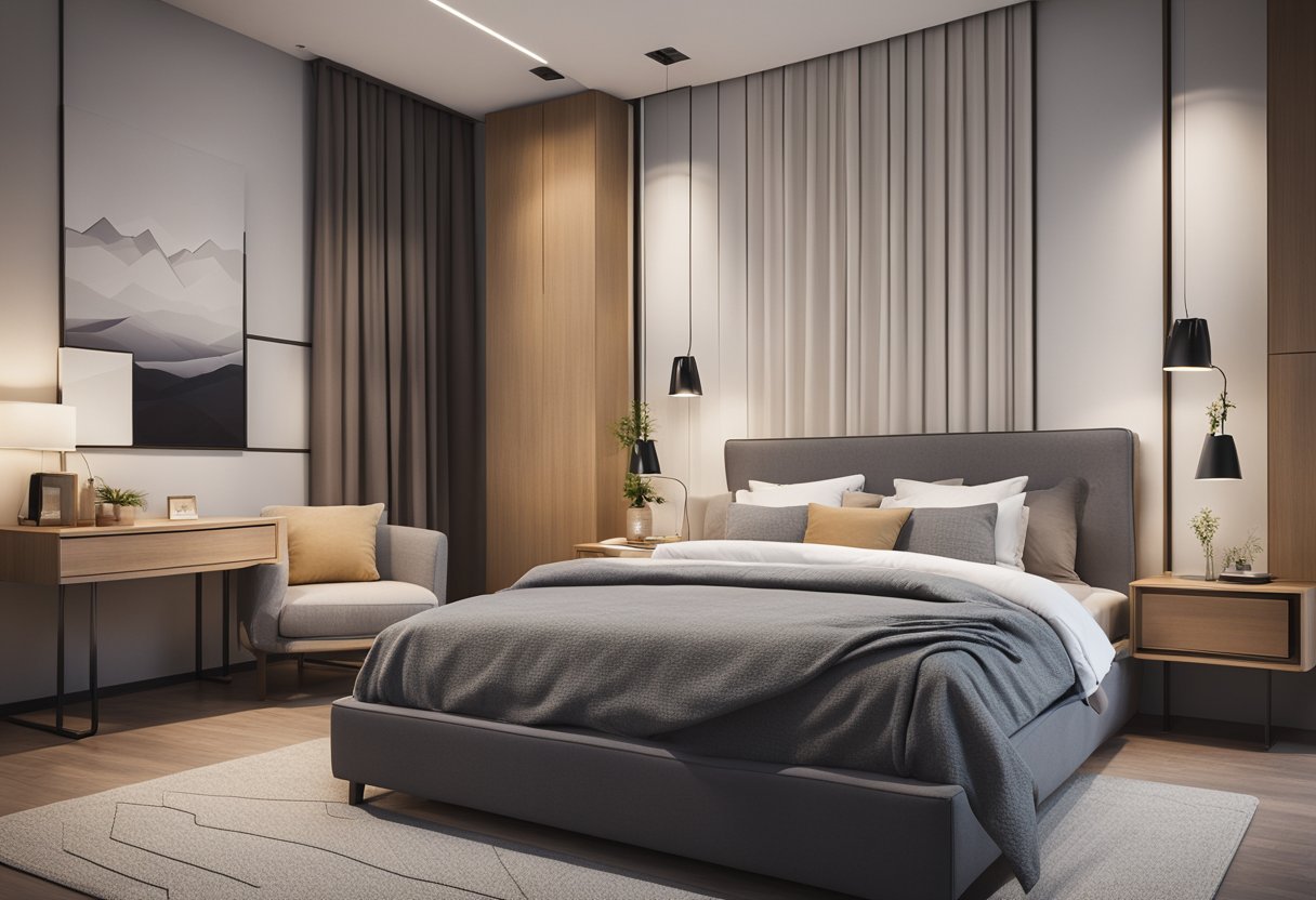 A cozy bedroom with accessible furniture, soft lighting, and grab bars. A comfortable bed with adjustable height and easy-to-reach nightstands