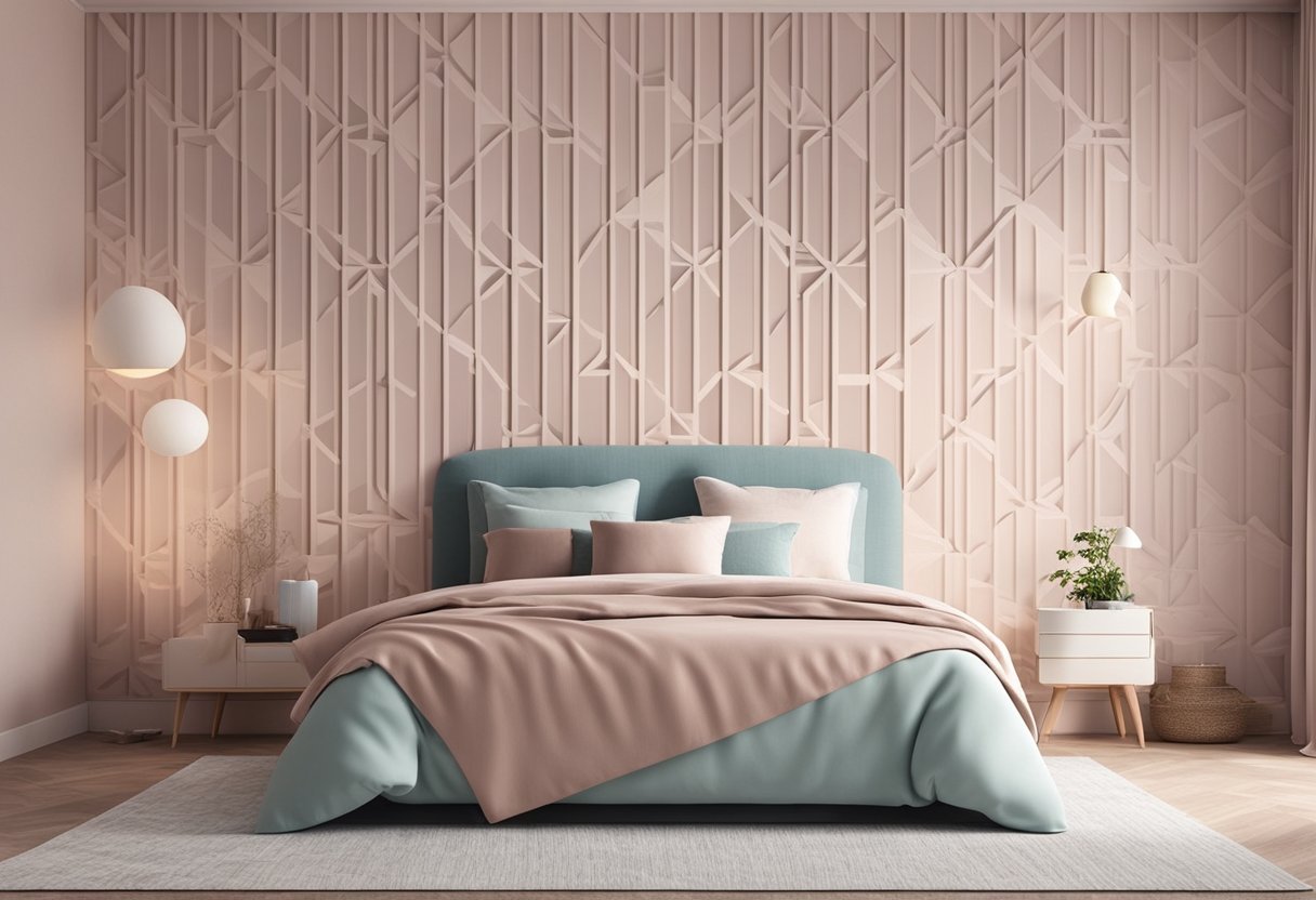 A bedroom with 3D wallpaper featuring a geometric pattern in soft, pastel colors. The wallpaper covers all four walls, creating a visually striking and immersive environment