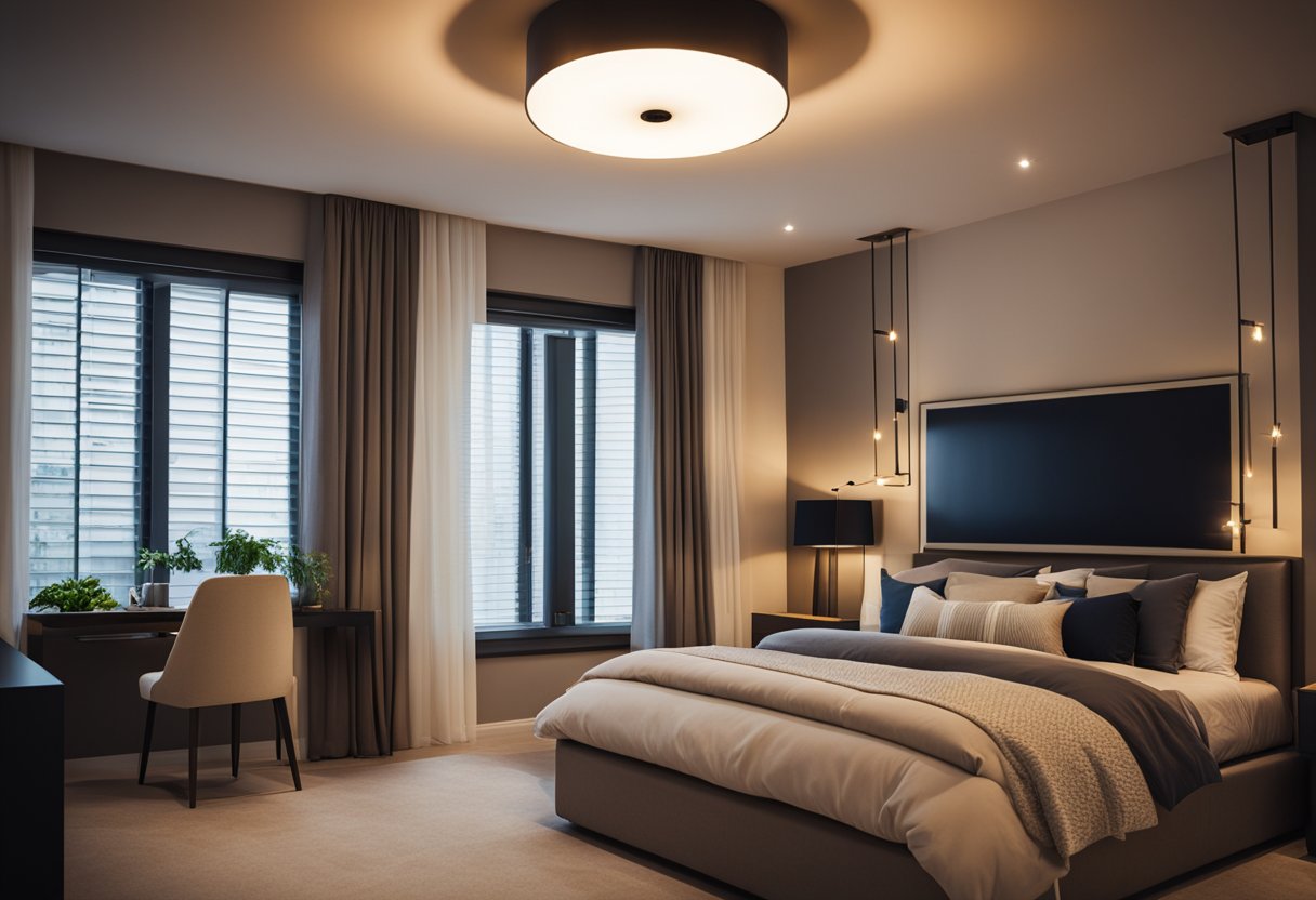 A modern pendant light fixture hangs from the center of the bedroom ceiling, casting a warm and soft glow across the room