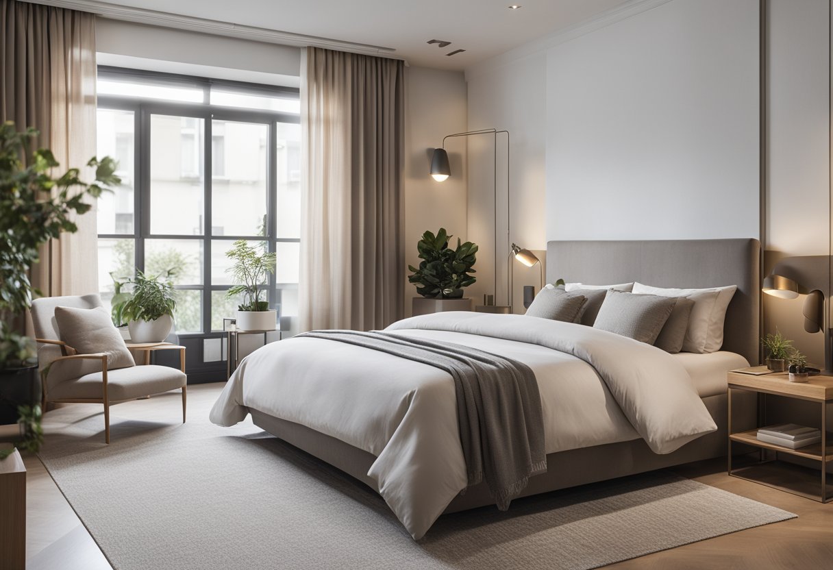 A spacious, well-lit bedroom with modern furnishings and ample storage. Clean lines and neutral tones create a calming atmosphere