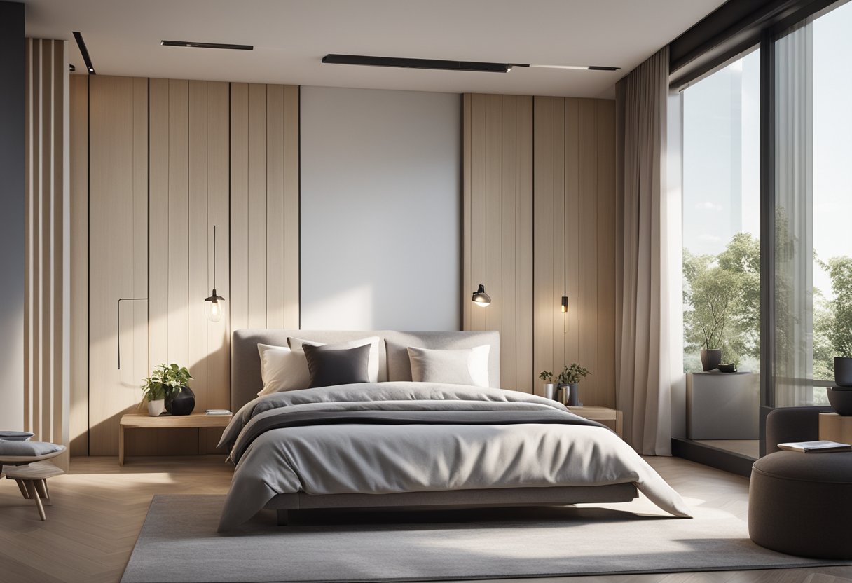 A sleek, minimalist bedroom with clean lines, neutral colors, and modern furniture. A large, comfortable bed sits against a feature wall with geometric patterns. The room is flooded with natural light from large windows
