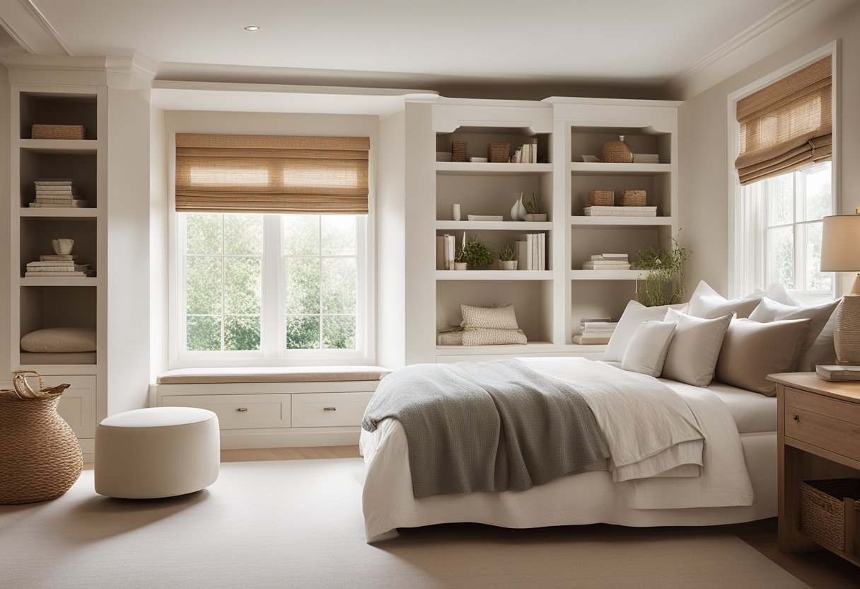A cozy bedroom with a bay window, featuring built-in storage and a window seat. The room is bright and airy, with neutral colors and soft lighting