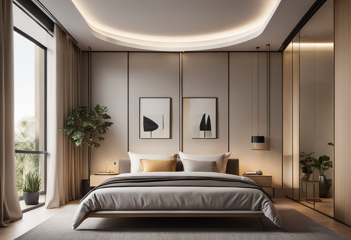 A modern bedroom with a sleek, minimalist ceiling light design casting a warm glow over the room's clean lines and neutral color palette