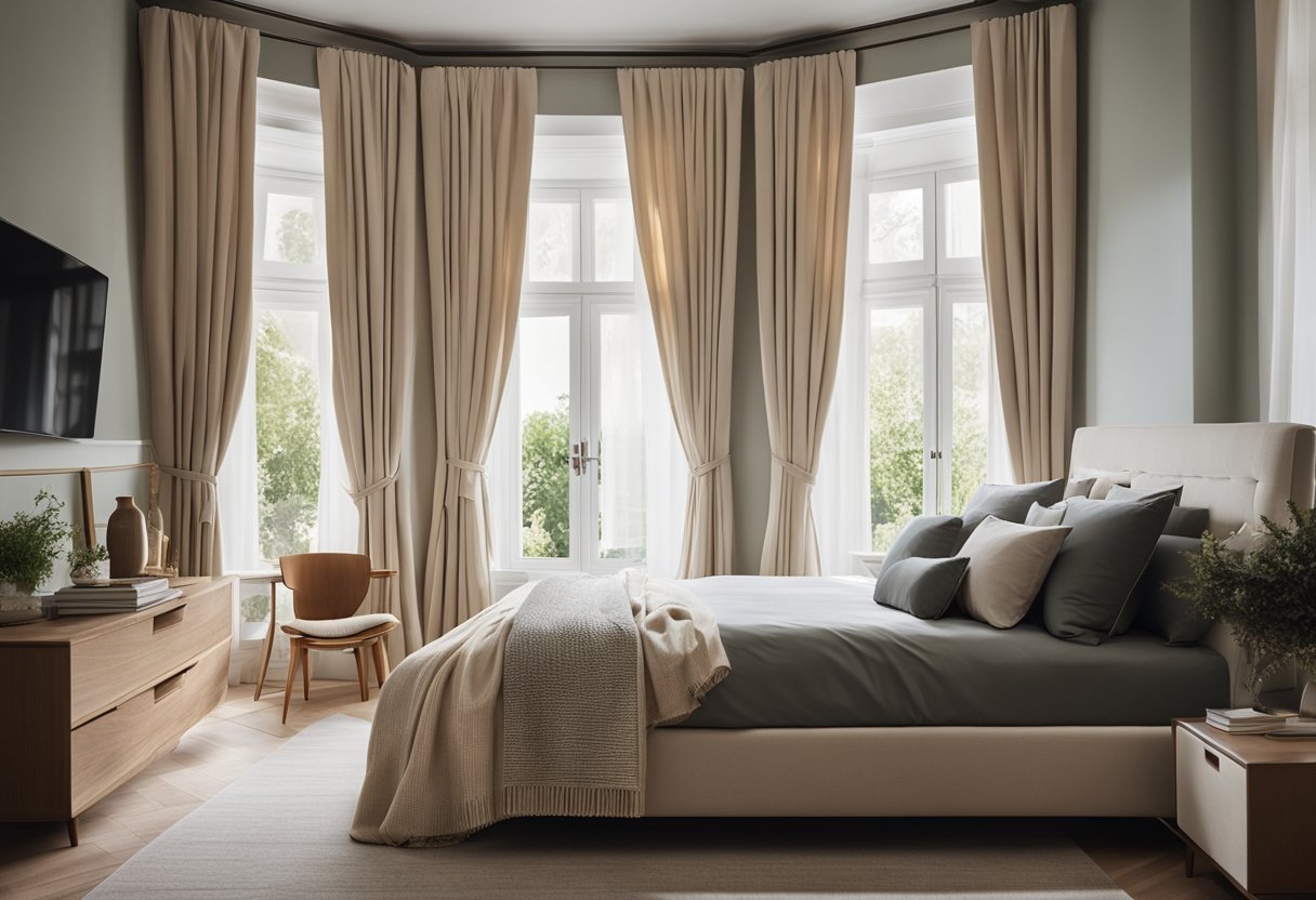 A cozy bedroom with a bay window, soft curtains, and natural light streaming in. Elegant furniture and decor create a serene atmosphere