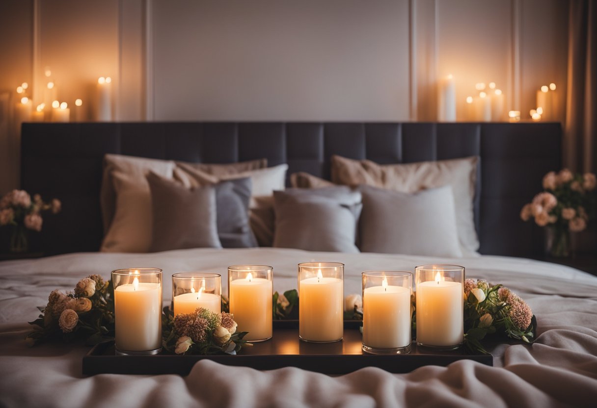 A cozy bedroom with soft, dim lighting, plush bedding, and warm color scheme, featuring candles and fresh flowers for a romantic touch