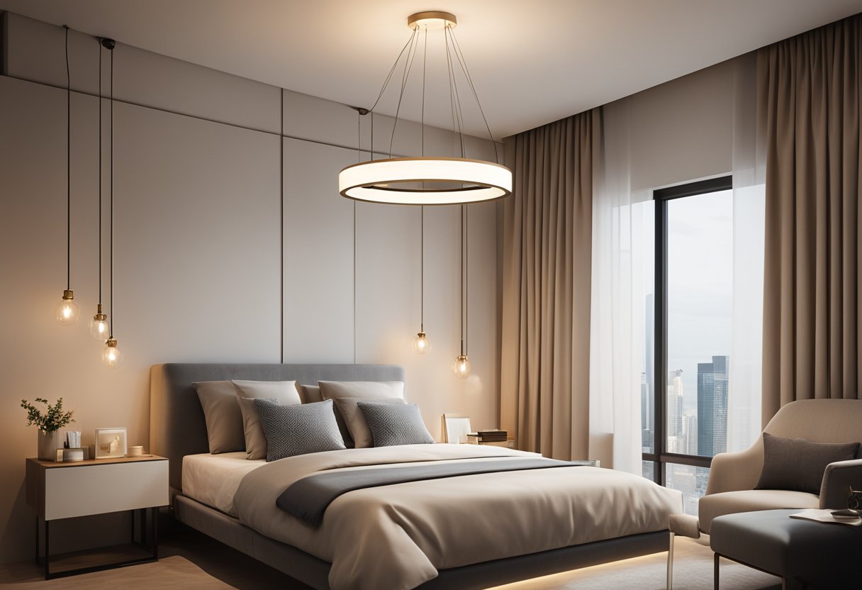 A modern bedroom with a sleek, minimalist ceiling light fixture casting a warm and soft glow over the room