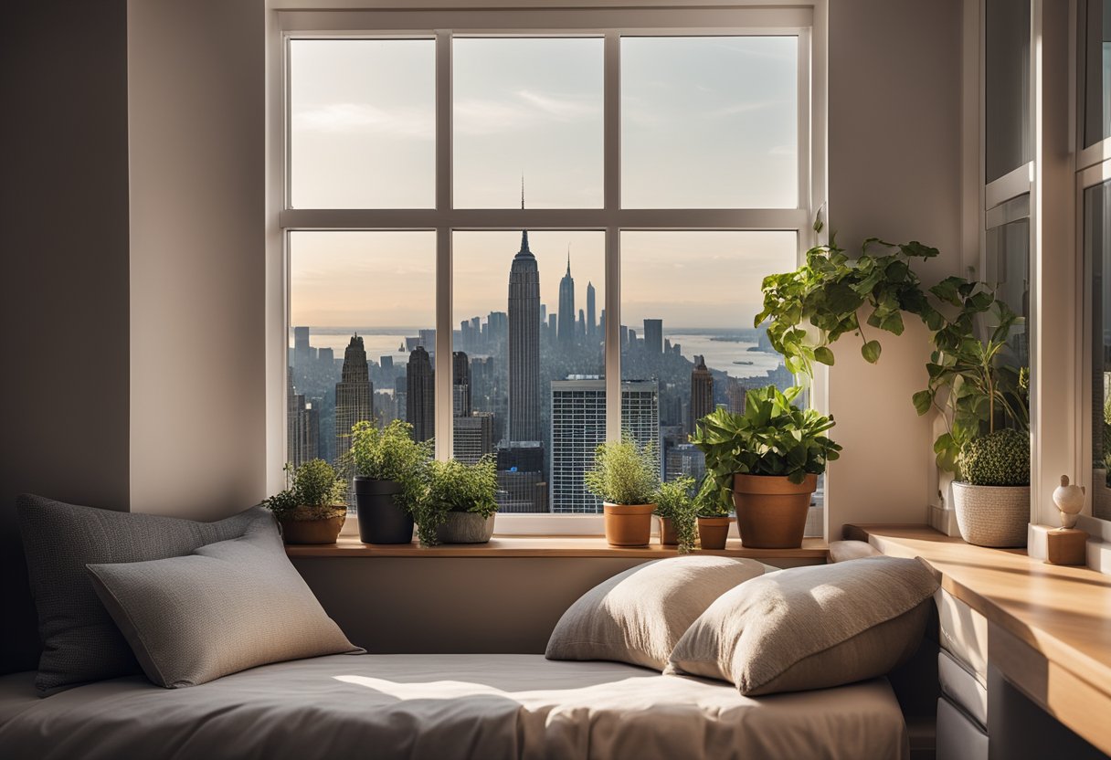 A cozy bedroom with a bay window overlooking the city skyline, featuring a built-in window seat with plush cushions, a small side table, and potted plants