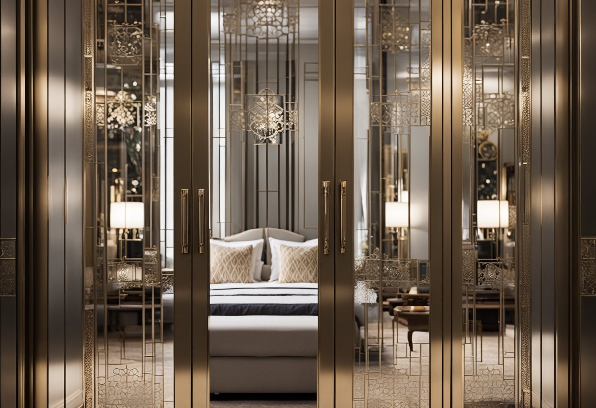 A bedroom cupboard with mirrored doors stands open, revealing intricate designs etched into the glass. Light reflects off the mirrors, creating an illusion of depth and elegance