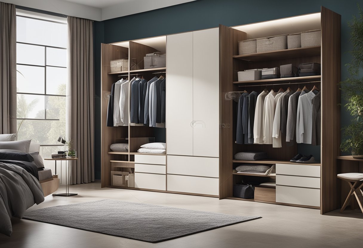 A spacious bedroom cupboard with sleek, modern designs and ample storage space