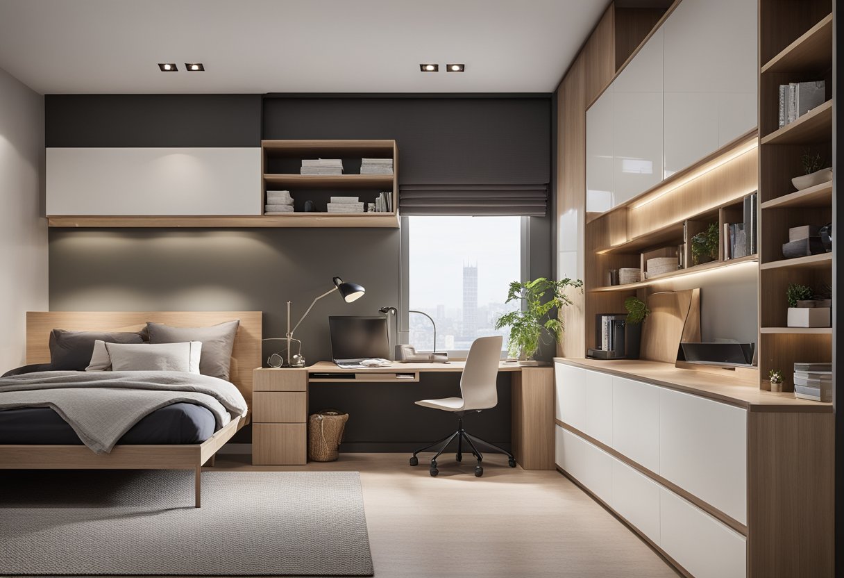 A spacious bedroom with a sleek, modern cupboard design. The cupboards feature clean lines, ample storage space, and a combination of open and closed shelving
