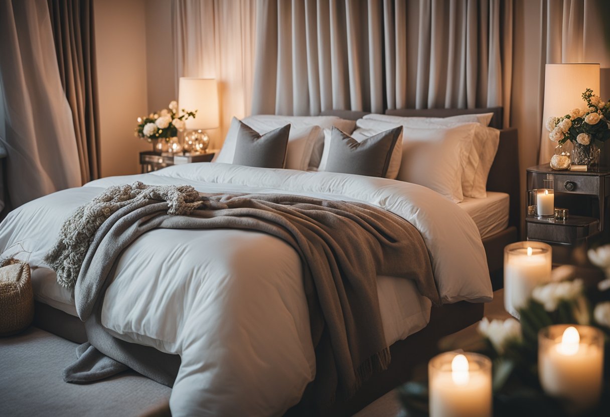 A cozy bedroom with soft lighting, a plush bed with luxurious bedding, and romantic decor such as candles, flowers, and elegant drapes
