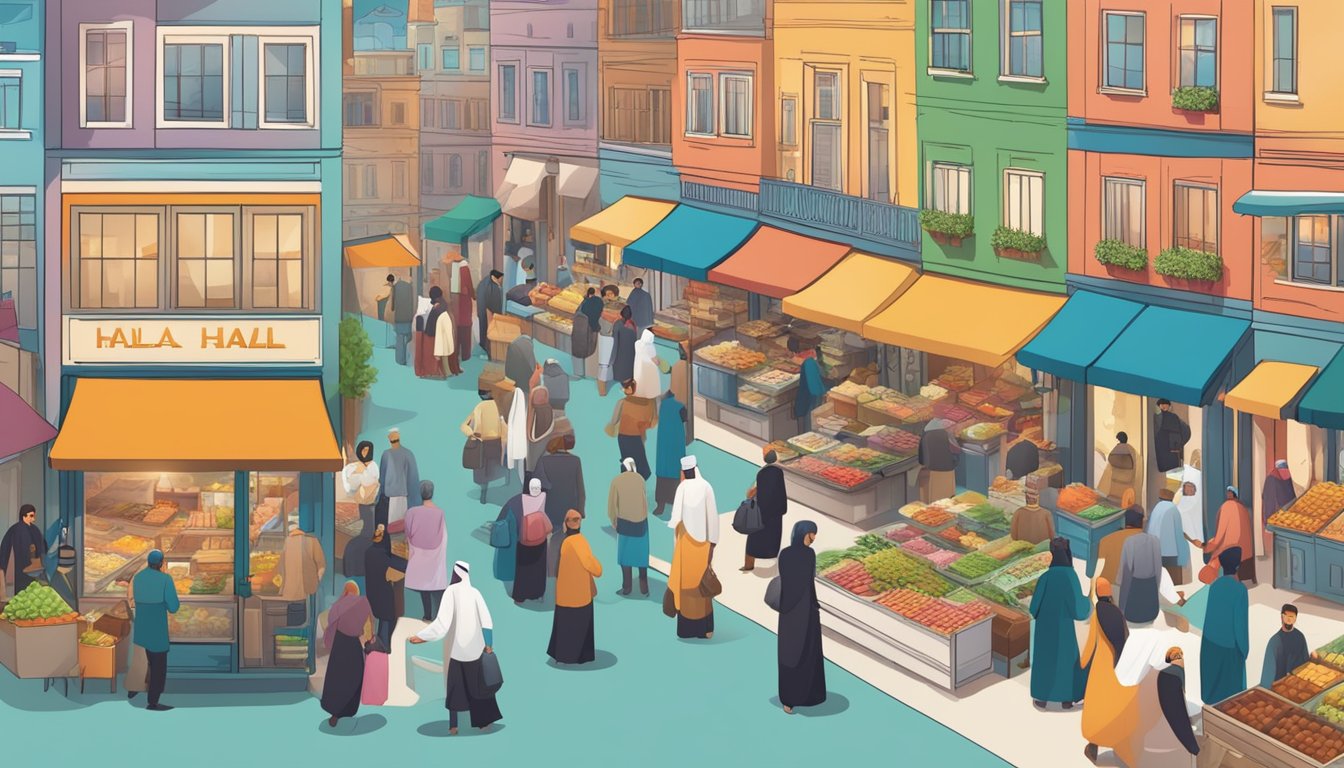 A bustling marketplace with diverse halal businesses, from food to fashion, all thriving thanks to accessible halal business loans