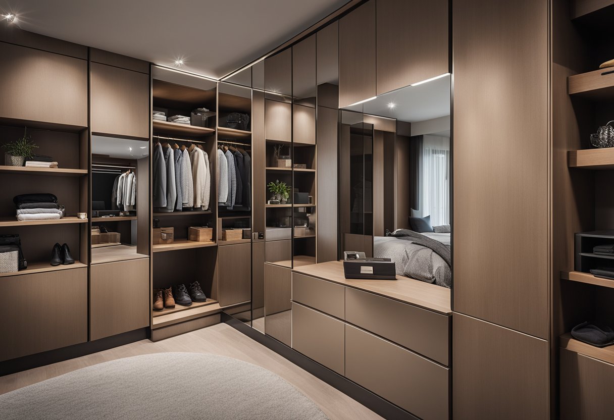 A bedroom cupboard with sleek mirror designs, featuring functional and stylish storage compartments