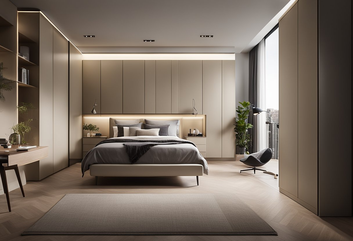 A hand reaches for a sleek, modern bedroom cupboard with sliding doors, set against a backdrop of neutral-colored walls and soft, ambient lighting