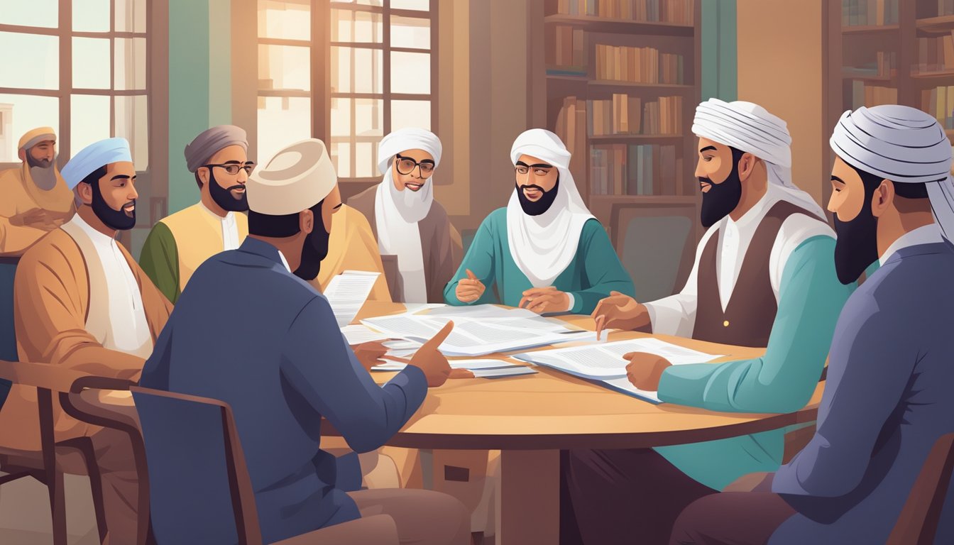 A group of people in traditional Islamic attire discussing business financing options, with a focus on halal loans. They are gathered around a table, pointing to documents and engaging in animated conversation