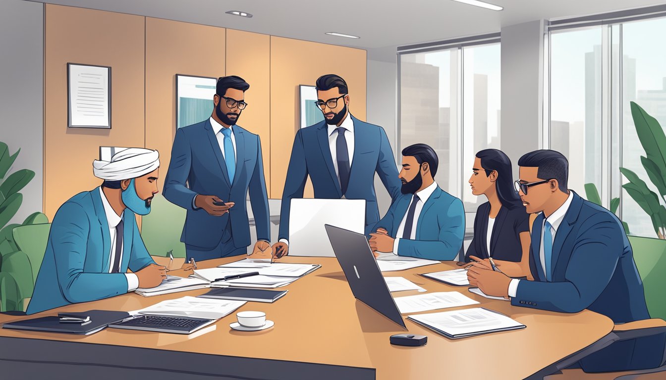 A group of business professionals meet in a modern office, discussing terms and signing paperwork for a Halal business loan
