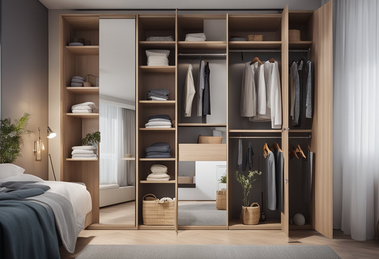 A bedroom cupboard with a mirrored door stands against a wall, reflecting the room's decor. Shelves inside hold neatly folded clothes and accessories