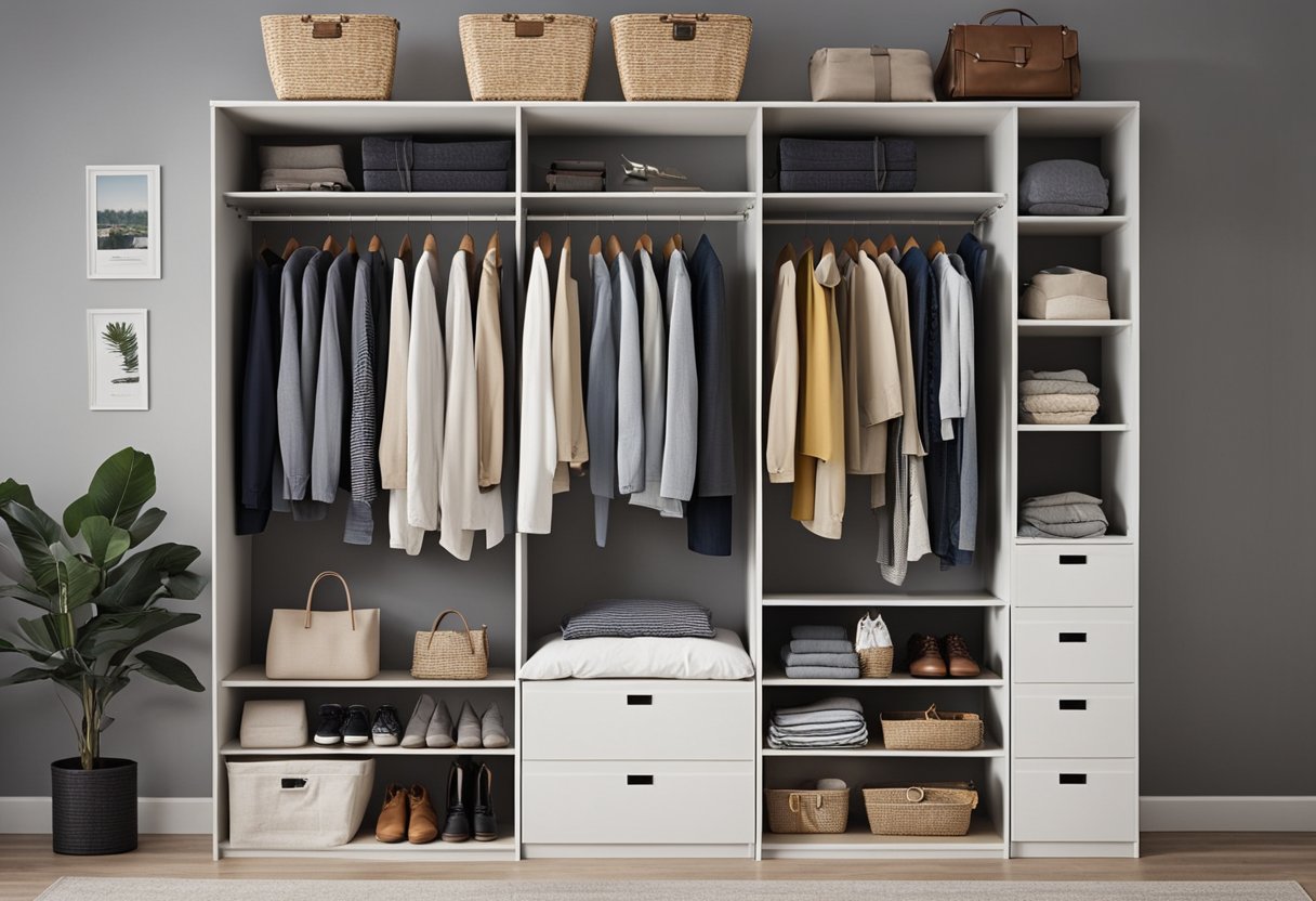 A neatly organized bedroom cupboard with shelves, drawers, and hanging space for clothes and accessories
