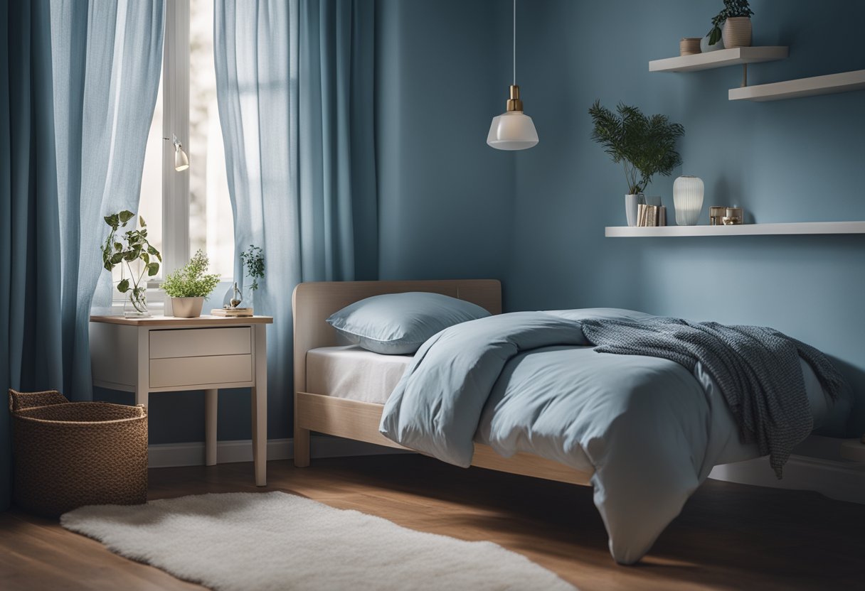 A cozy bedroom with a single bed, a small nightstand, a lamp, and a window with curtains. The walls are painted a calming blue, and there are a few decorative items scattered around the room