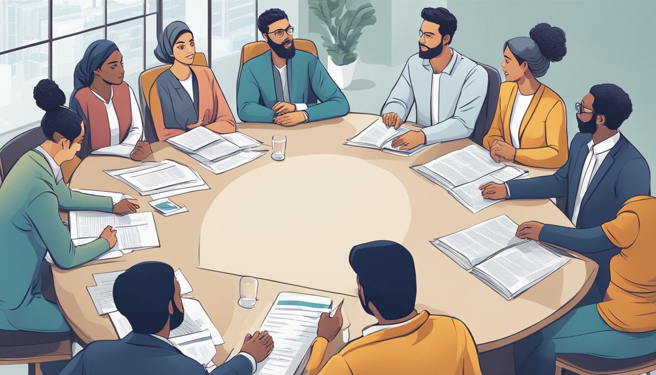 A group of people gathered around a table, discussing and asking questions about halal business loans. A sign with "Frequently Asked Questions" is prominently displayed