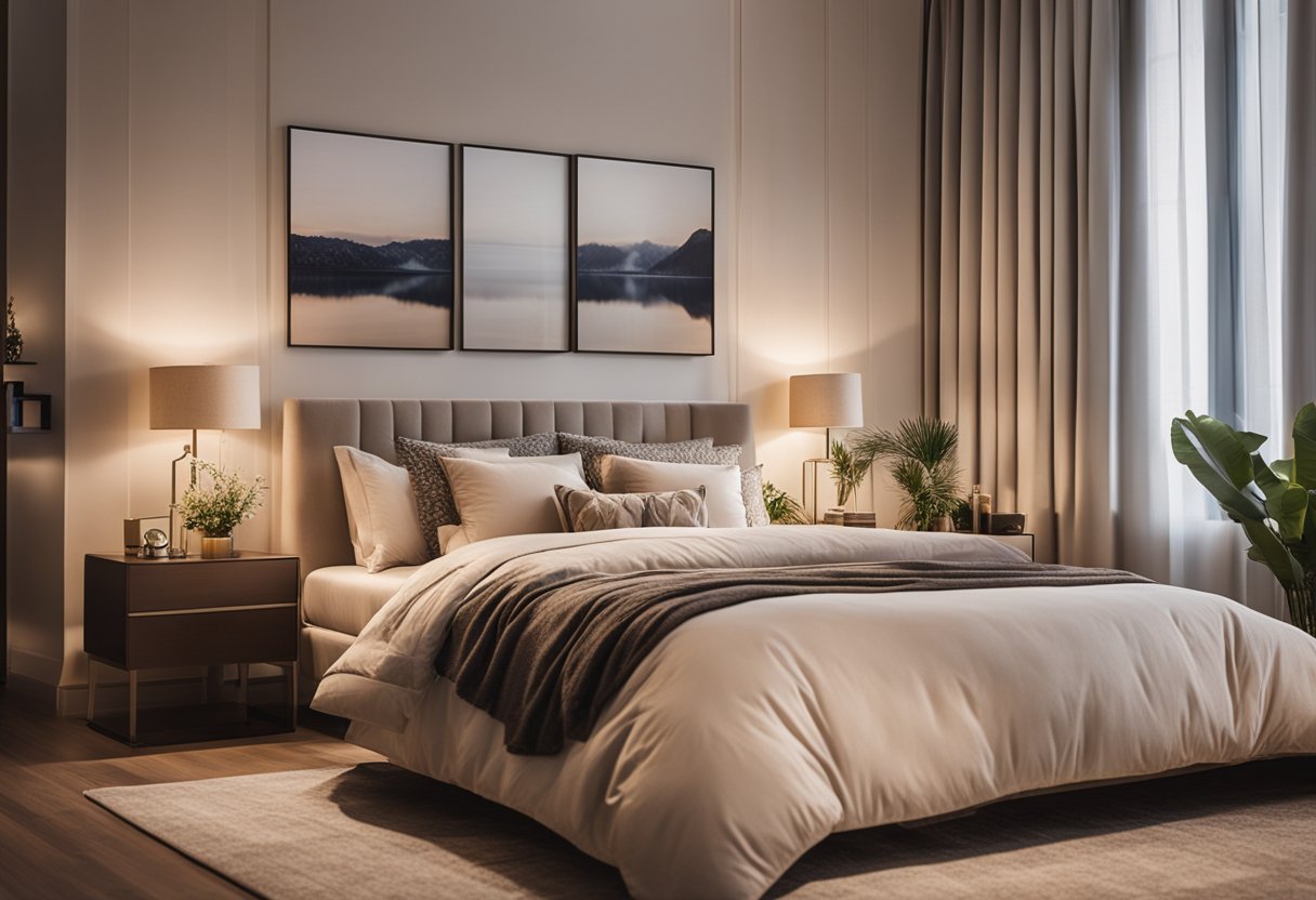 A cozy bedroom with a large, plush bed, soft, neutral-colored bedding, and a warm, inviting atmosphere created by soft lighting and decorative accents