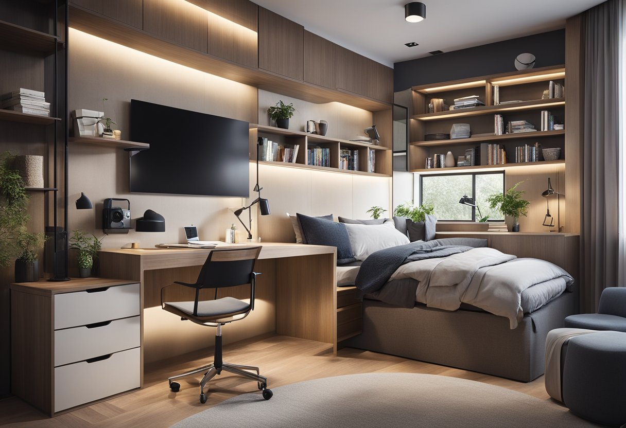 A small bedroom with a smart layout and furniture choices, maximizing space with a built-in bed, floating shelves, and a compact desk