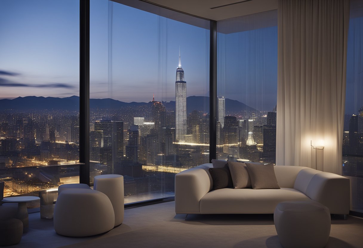 A sleek, floor-to-ceiling window with minimalist frame, overlooking a city skyline at dusk. Sheer white curtains gently billow in the breeze