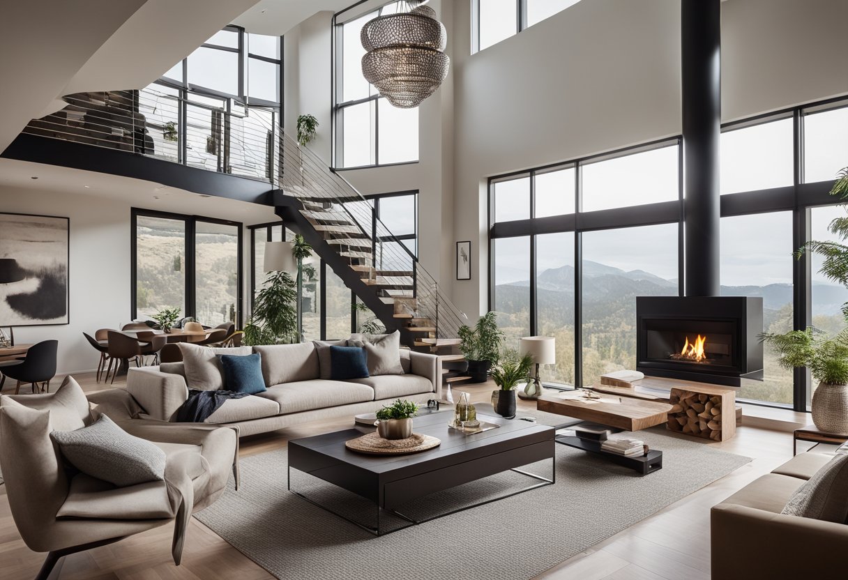 A spacious living room with high ceilings, large windows, and modern furniture. A cozy fireplace and a stylish staircase leading to the upper floor