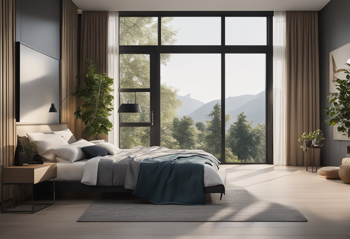 A modern bedroom with innovative window styles and types, featuring large, geometric-shaped windows with sleek frames and minimalistic design