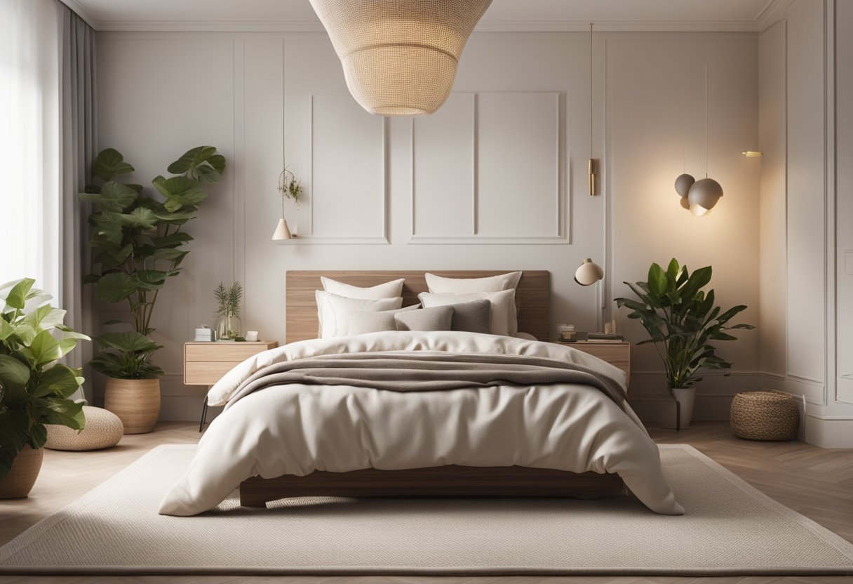 A cozy bedroom with a large, comfortable bed, soft lighting, and a neutral color palette. A plush rug and potted plants add warmth and texture to the space