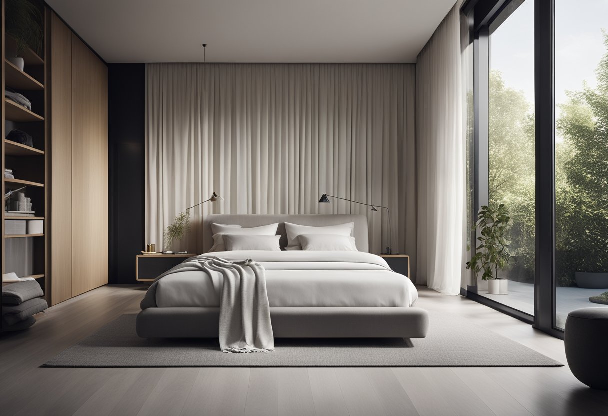 A sleek, minimalist bedroom with floor-to-ceiling windows. The room is bathed in natural light, with sheer white curtains billowing gently in the breeze