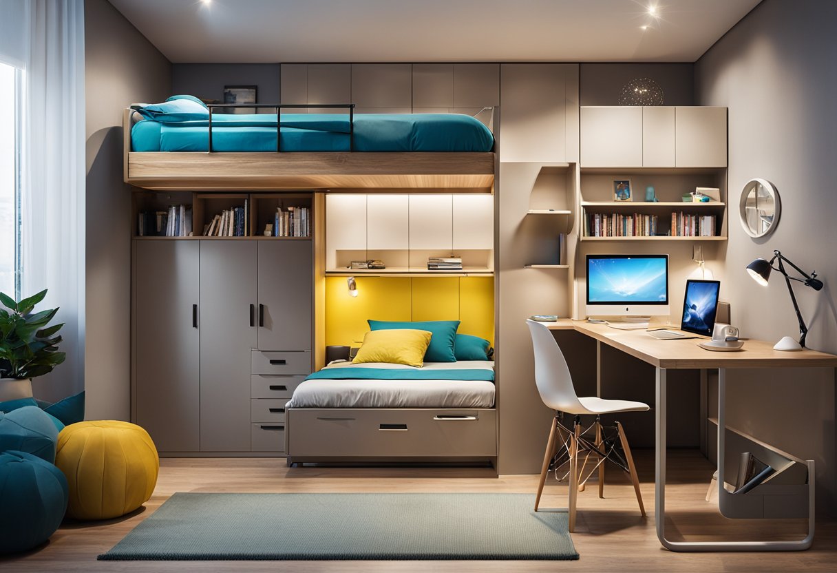 A 5 sqm bedroom with a loft bed, built-in storage, fold-down desk, and multi-functional furniture. Bright colors and strategic lighting maximize the sense of space