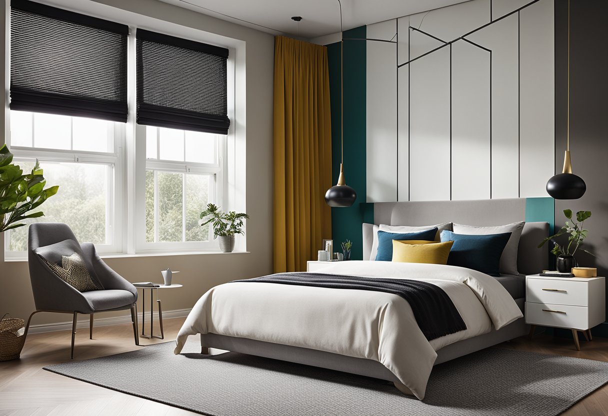 The bedroom features sleek, minimalist furniture with bold accent colors. A statement wall showcases a modern, geometric design. Large windows let in natural light, highlighting the clean lines and sophisticated details of the room