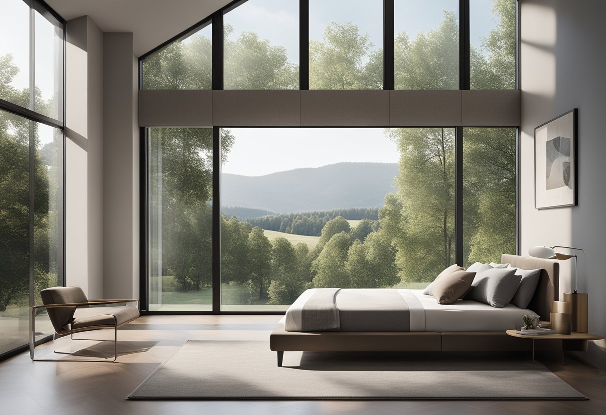 A sleek, minimalist bedroom with a large, floor-to-ceiling window, allowing natural light to flood the room. The window features clean lines and modern framing, with a view of a serene outdoor landscape