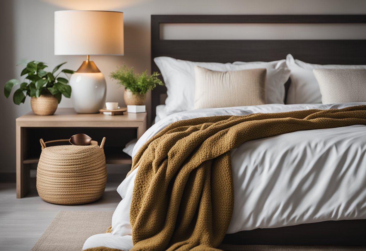 A bed with a plain headboard and footboard, adorned with a few decorative pillows and a cozy blanket. A bedside table with a lamp and a small plant completes the scene