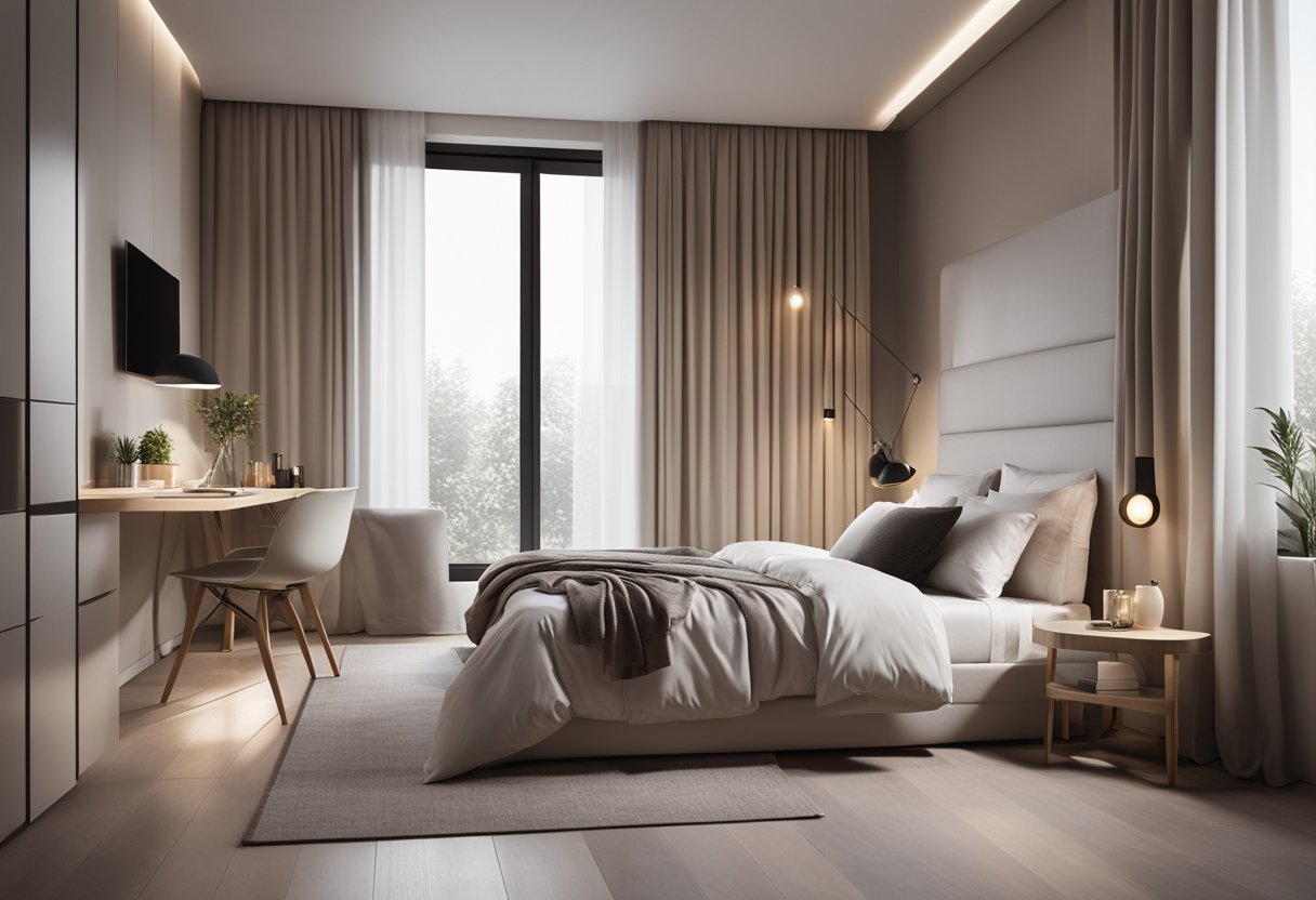 A cozy 5 sqm bedroom with minimalistic design elements, featuring a neutral color palette, sleek furniture, and soft lighting