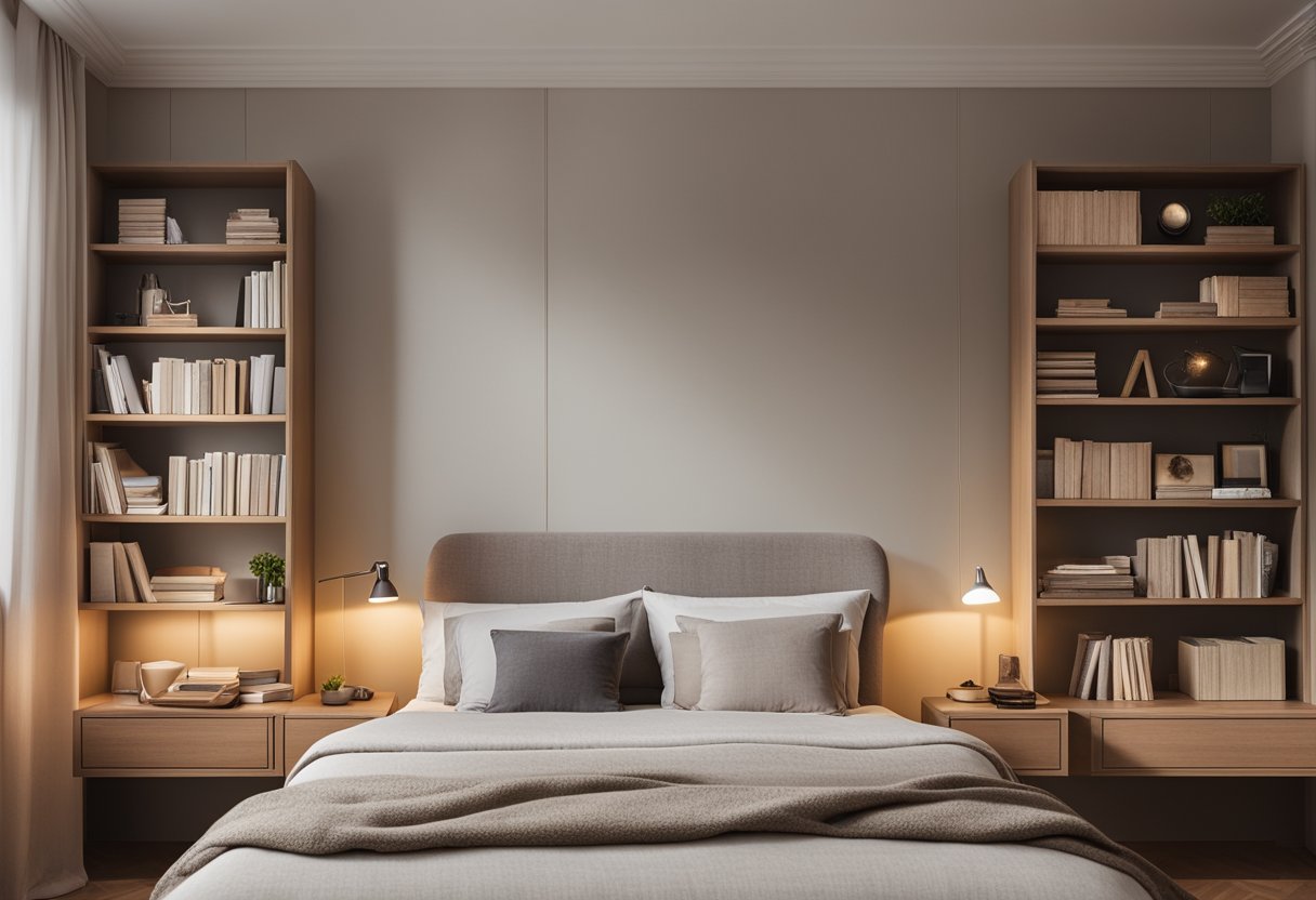 A cozy bedroom with a single bed, a compact desk, and shelves filled with books. Soft lighting and a neutral color palette create a calming atmosphere