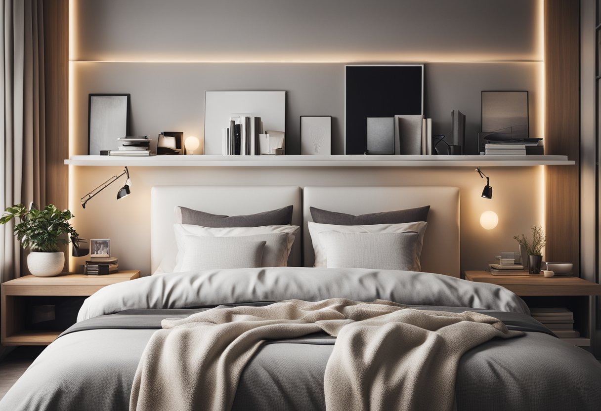 A cozy bedroom with a modern design, featuring a comfortable bed, a stylish nightstand, soft lighting, and a neatly organized FAQ bookshelf